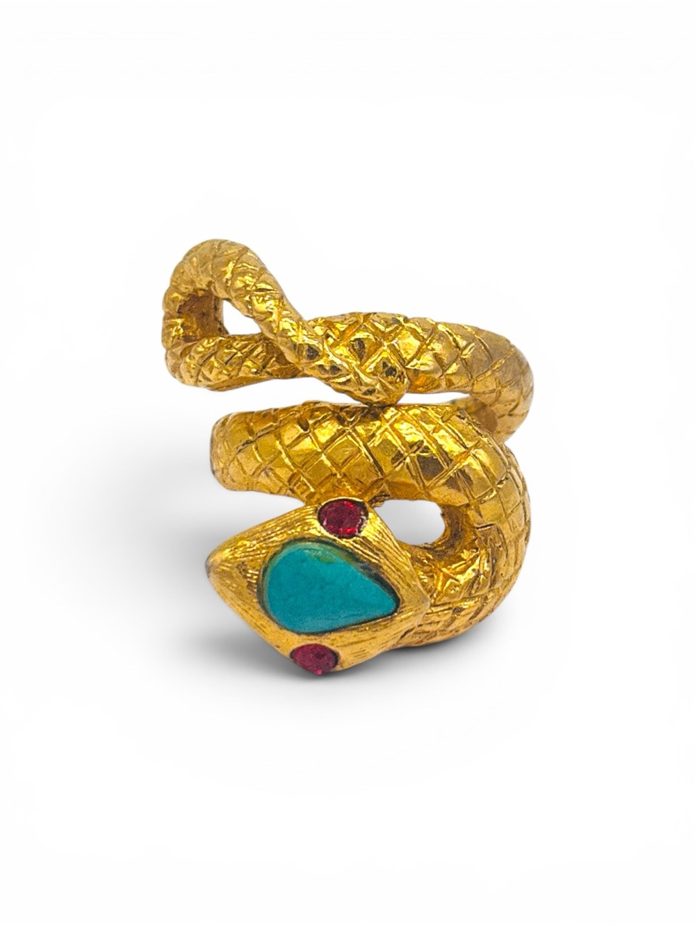 Vintage Gold-tone Coiled Snake Wrap State Ring with Turquoise and Ruby Accents
